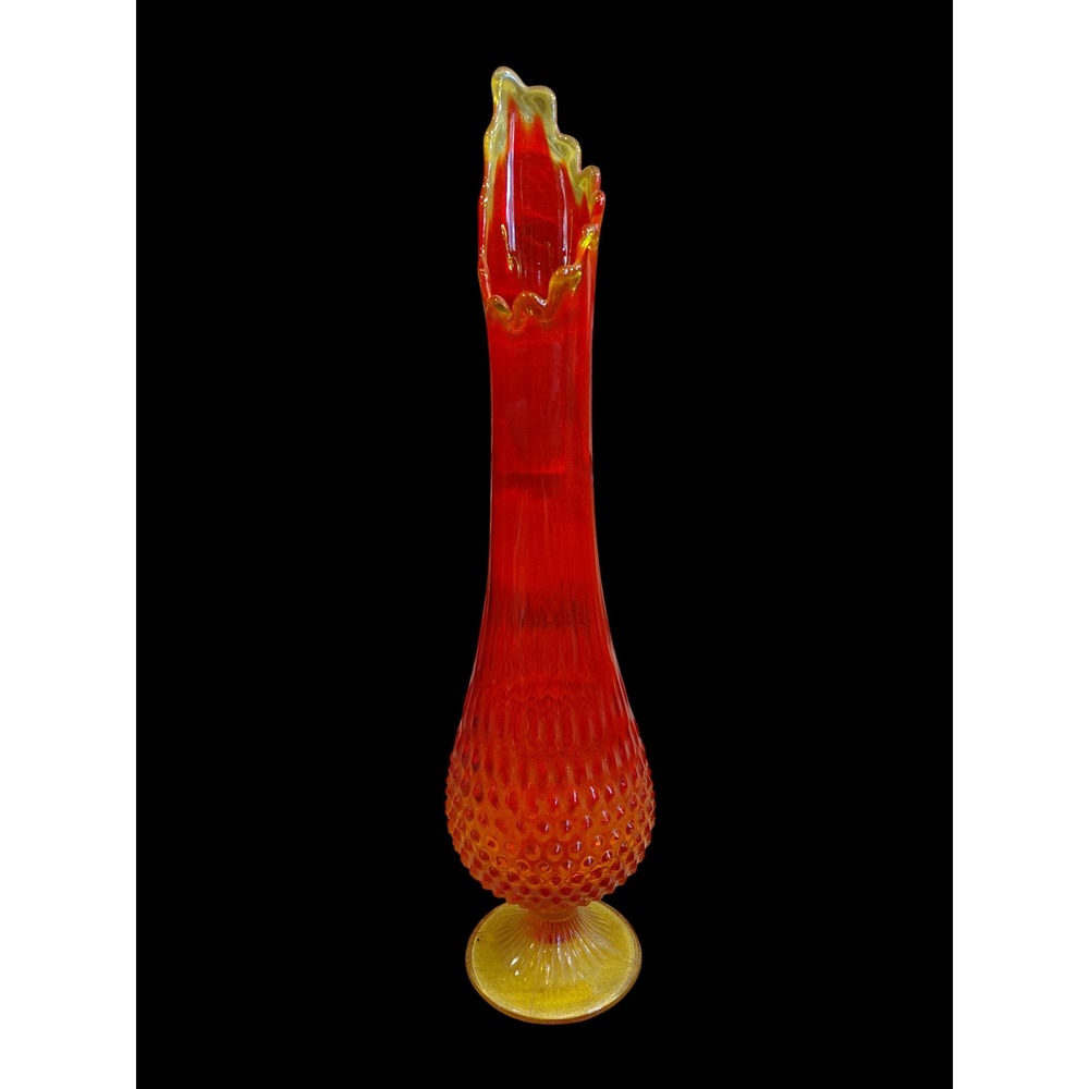 Vintage Red Orange Glass Hobnail Vase Fluted Top Trumpet Art Glass